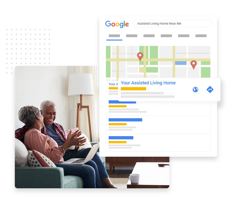 Assisted living SEO example showing a community ranking in Google local search results for an assisted living home near me