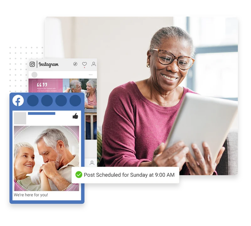 Assisted living social media management example showing scheduled Facebook and Instagram posts
