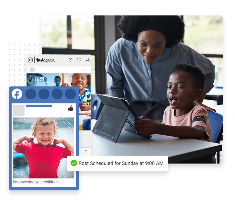 Child care social media management example showing scheduled classroom posts, from Marketing 360's child care marketing page