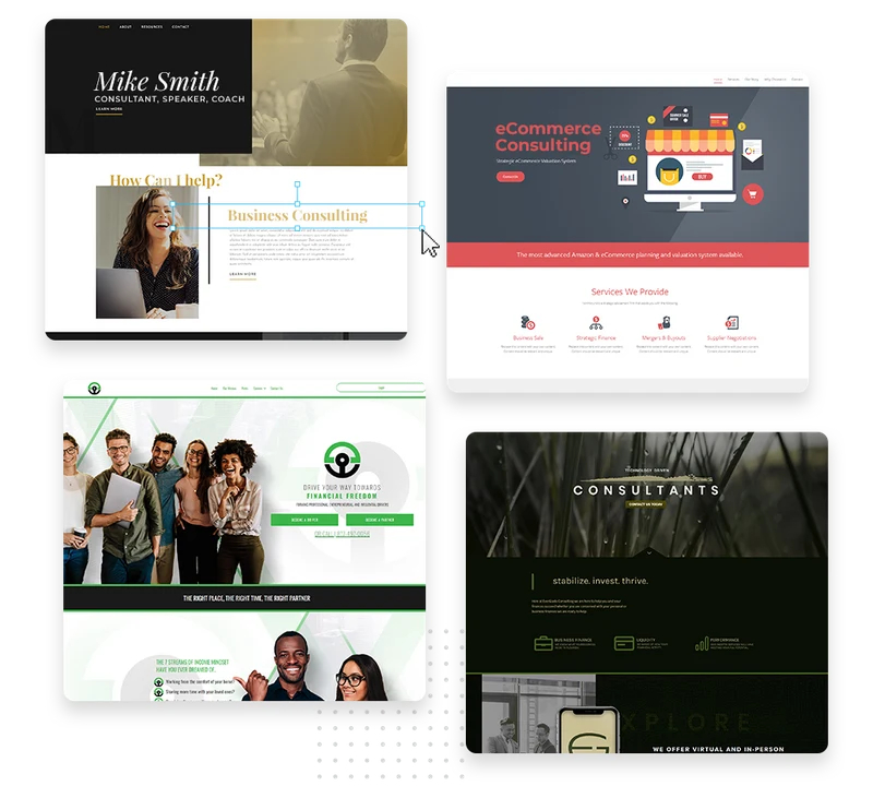 Montage of consultant website design templates built by Marketing 360, showing case studies and expertise front and center