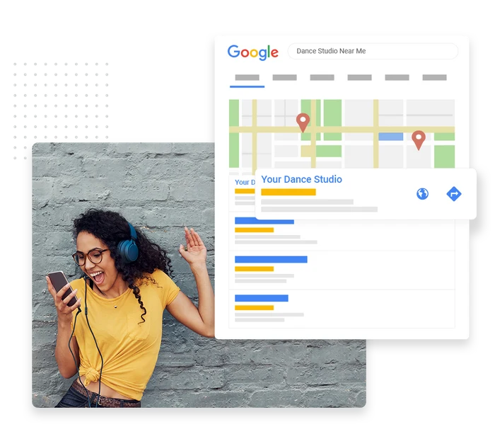 Dance studio SEO and local search example showing a Google Maps listing for a "dance studio near me" search