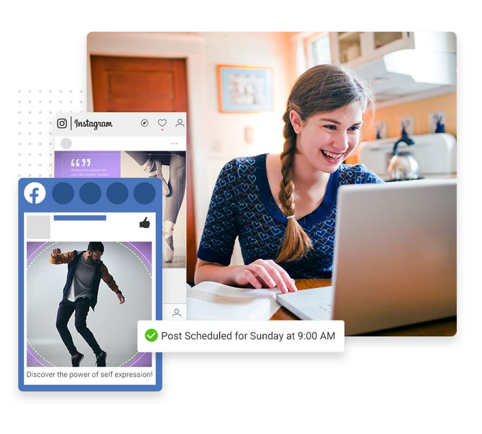 Dance studio social media management example showing scheduled Facebook and Instagram posts
