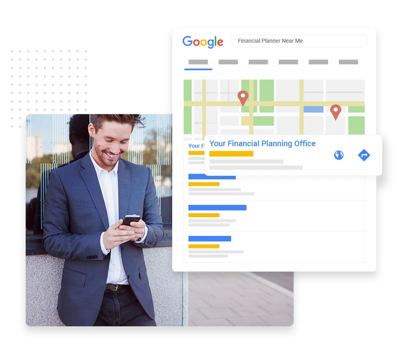 Financial advisor SEO example showing a Google Maps search result for a financial planning office