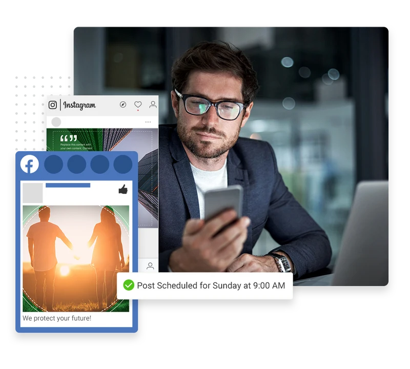 Financial advisor social media management example showing a scheduled Facebook and Instagram post