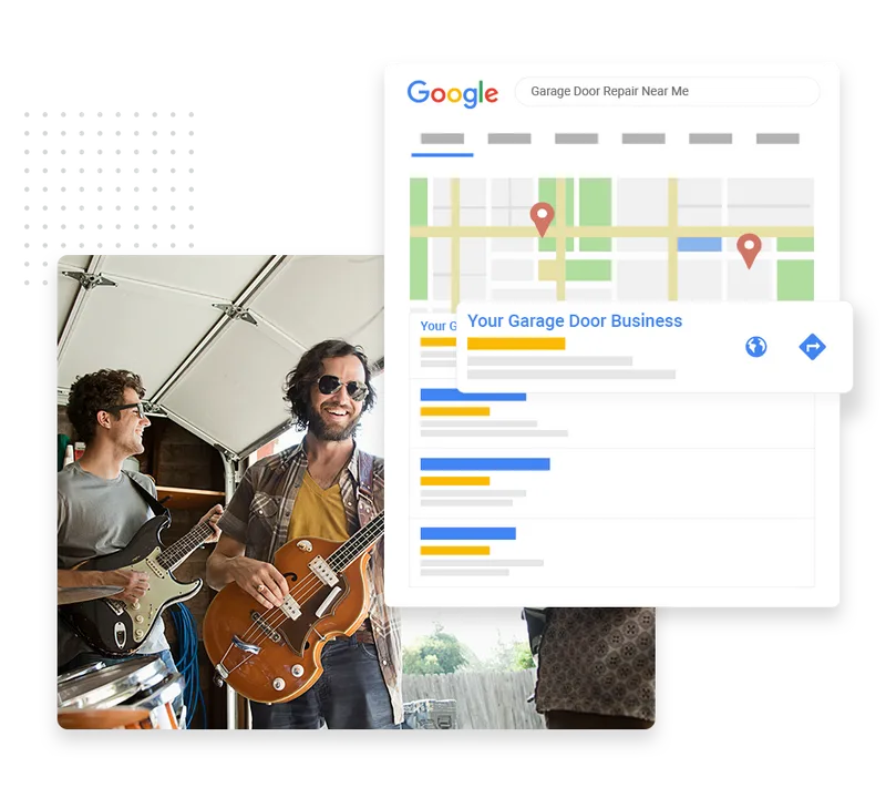 Garage door contractor SEO example showing local search rankings and Google Maps visibility