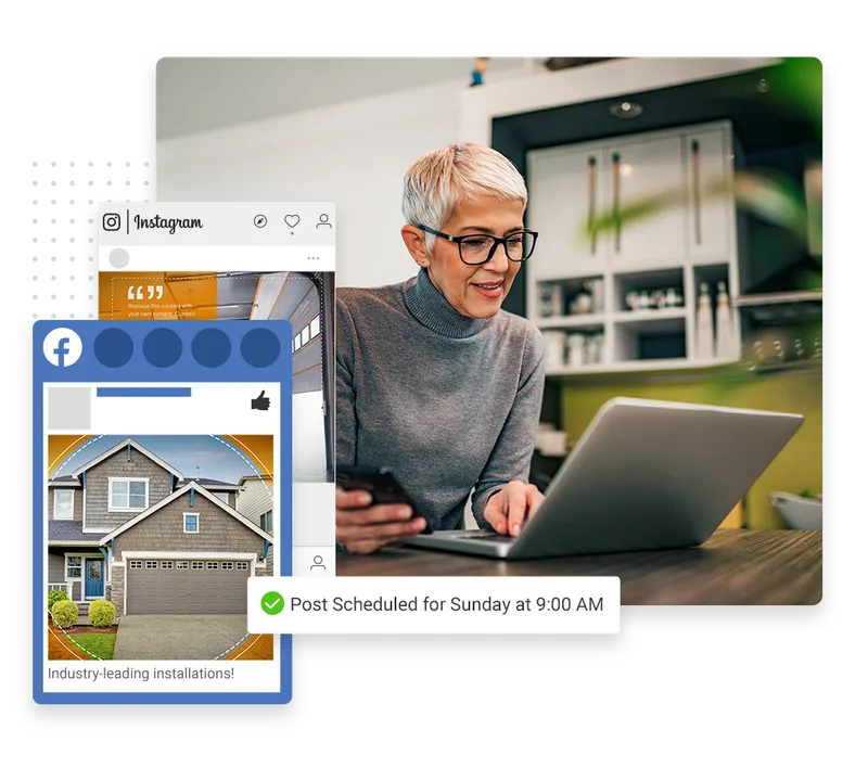 Garage door company social media management example showing scheduled posts and review tracking