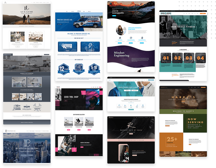 A montage of Marketing 360 website designs across industries including events, home services, fitness, retail, and law