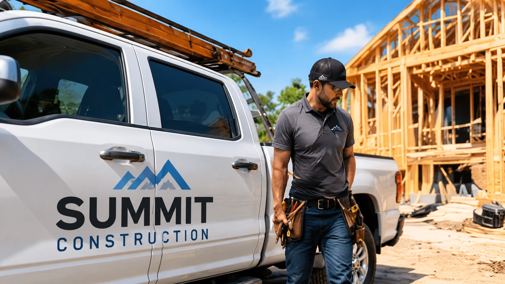 A contractor standing in front of a Summit Construction truck at a job site