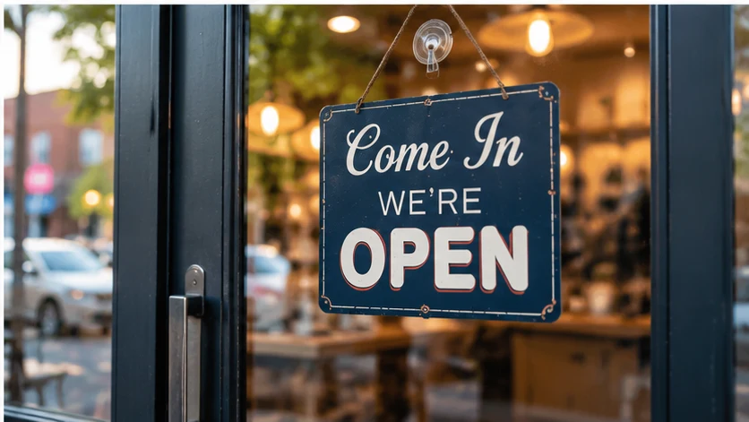 A storefront door sign reading Come In We're Open