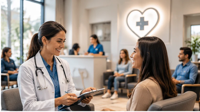 A doctor greeting a patient in a medical office waiting area