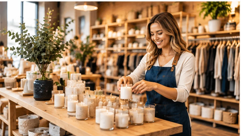 A retail shop owner arranging candles on a display table