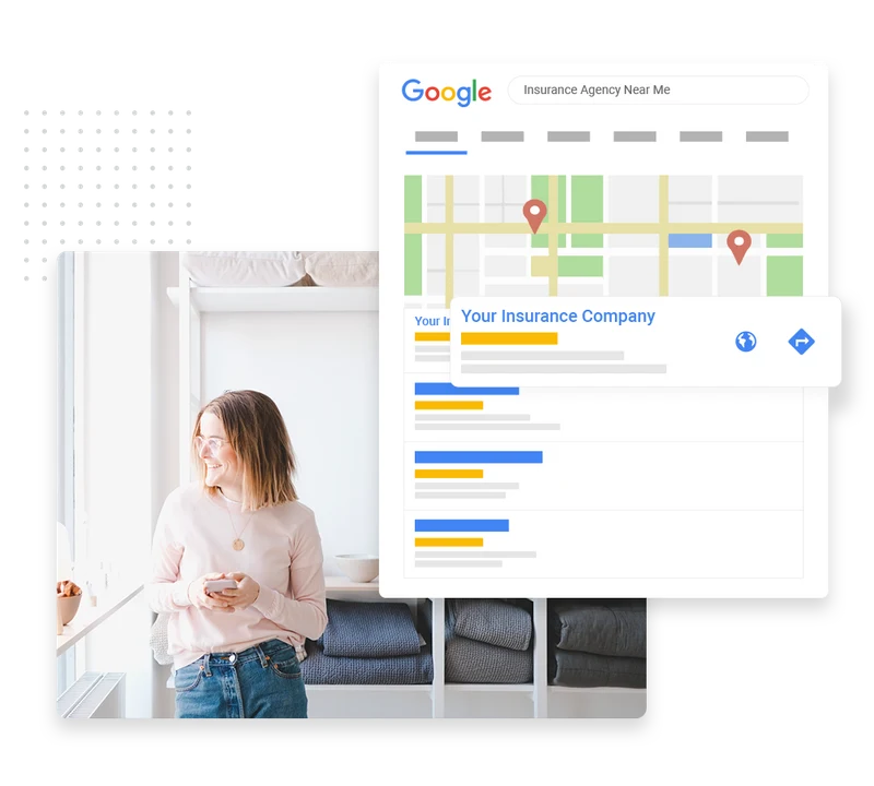 Local Google search and map results for an insurance agency near me, shown alongside a smiling customer