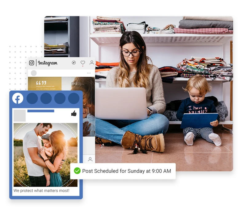 Insurance agency social media management example showing scheduled Facebook and Instagram posts