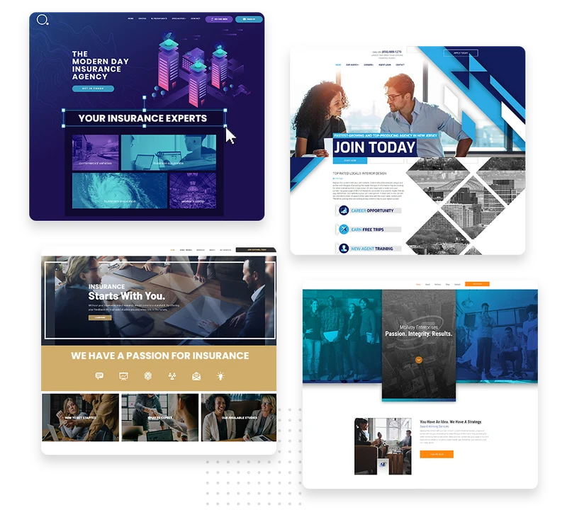 Montage of insurance agency website design templates built to convert quote requests