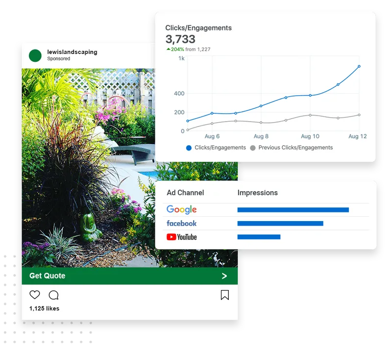 Landscaping company advertising example across Google Search and social ad placements