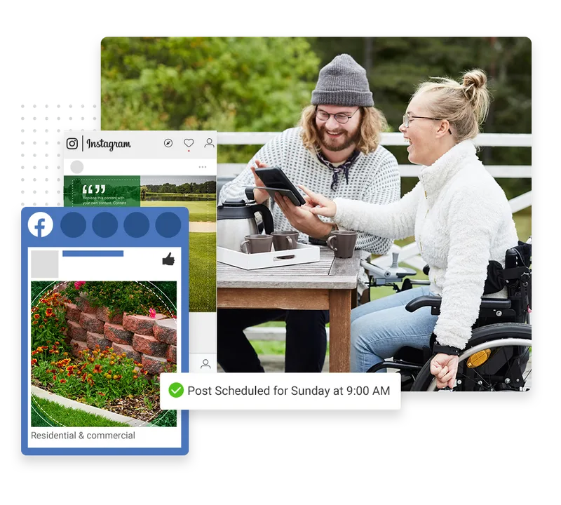 Landscaping company social media management example showing scheduled posts and review tracking