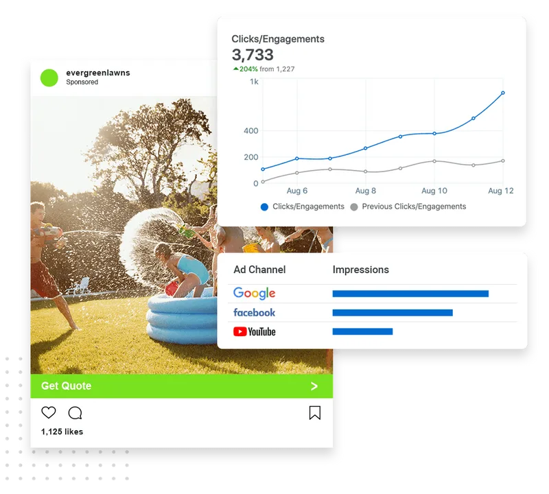 Lawn care company advertising example across Google Search and social ad placements