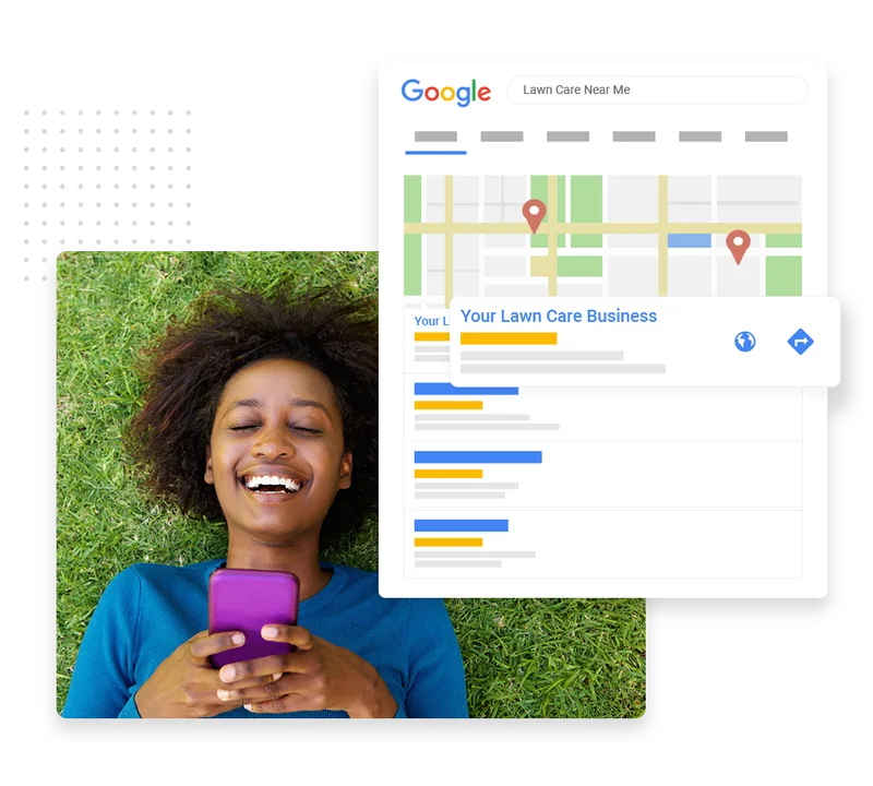 Lawn care company SEO example showing local search rankings and Google Maps visibility
