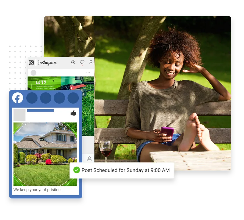 Lawn care company social media management example showing scheduled posts and review tracking