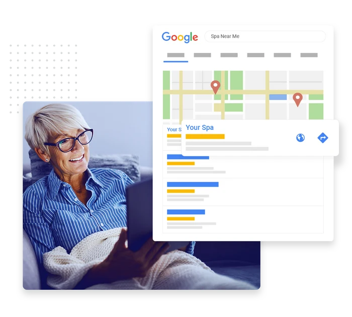 Med spa local SEO example showing a Google Maps listing for "spa near me" searches