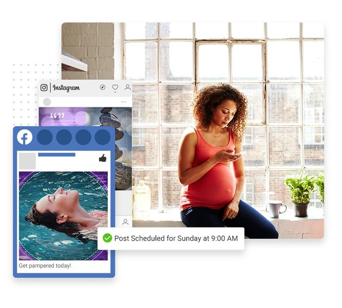 Med spa social media management example showing Instagram and Facebook posts scheduled around treatment content