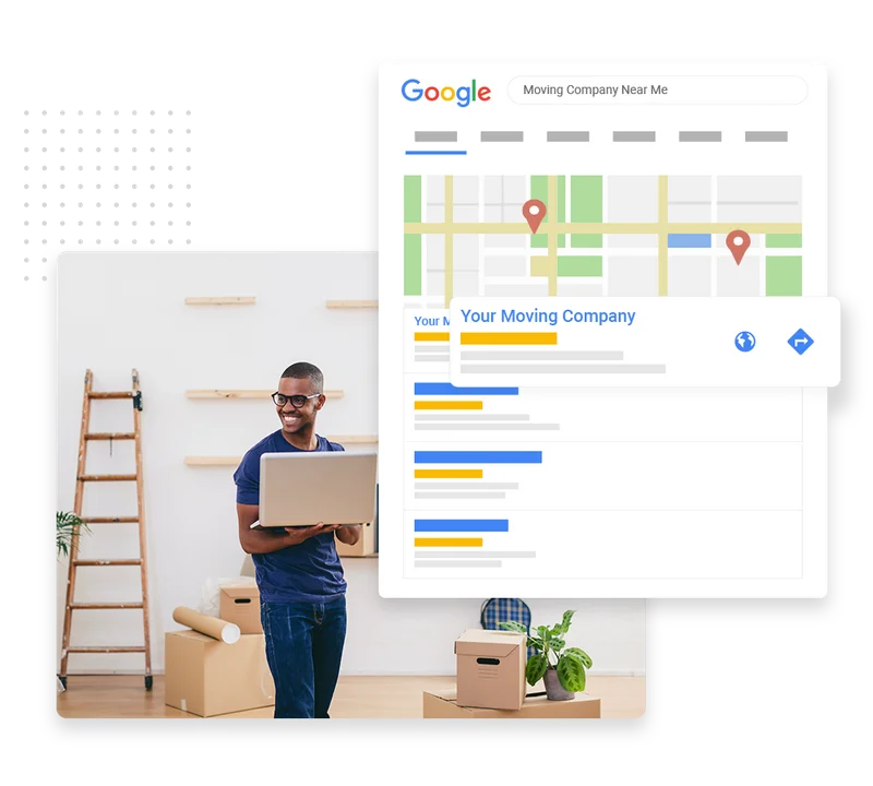Moving company SEO and content marketing dashboard showing keyword rankings and content topics