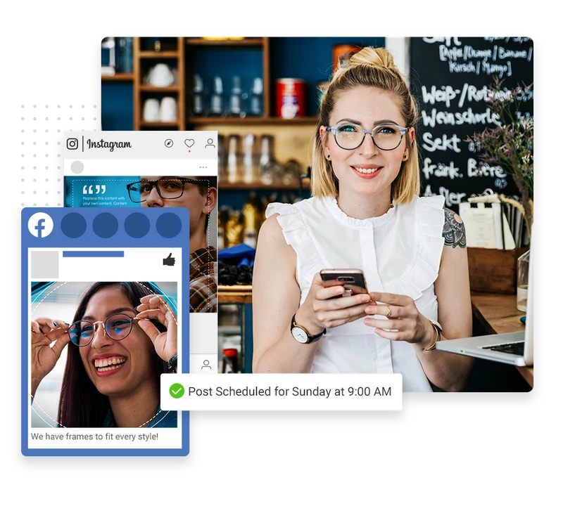 Optometrist social media management example showing scheduled Facebook and Instagram posts for new eyewear