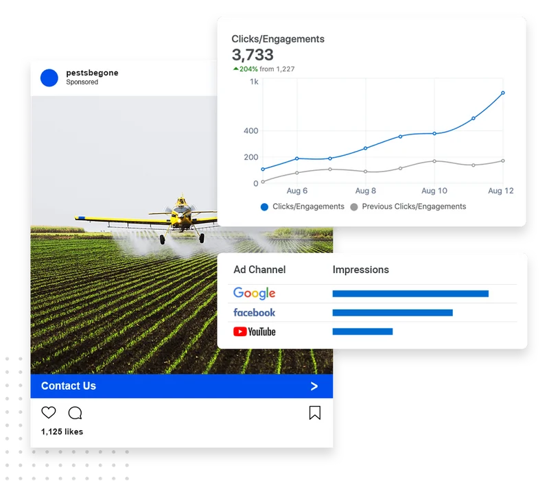 Pest control advertising examples across Google, Facebook, and Instagram ad channels