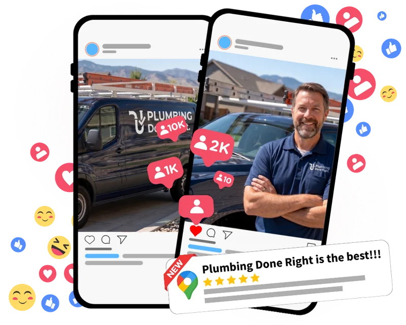 Plumbing social media management example showing post engagement and review requests