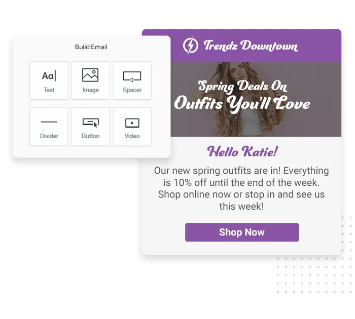 Retail store email marketing campaign shown in an email editor with promotions and new arrivals