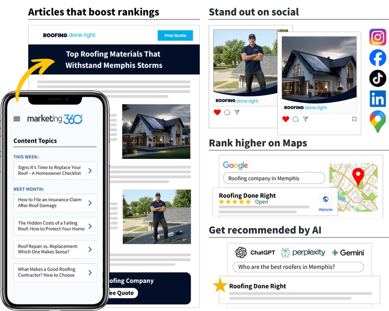 Roofing SEO and content marketing dashboard showing blog topics, Google Maps rankings, and AI search recommendations