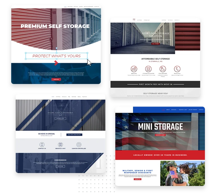 Example self storage facility website designs showing unit pricing, availability, and online reservation