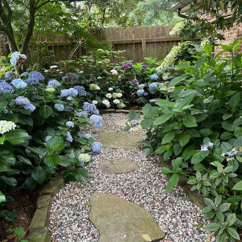 A Klingstone-bound stone pathway winding through a landscaped backyard