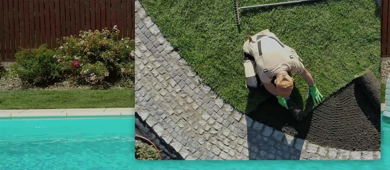 Still from Howell Pathways' Bender Board installation video, showing artificial turf installation