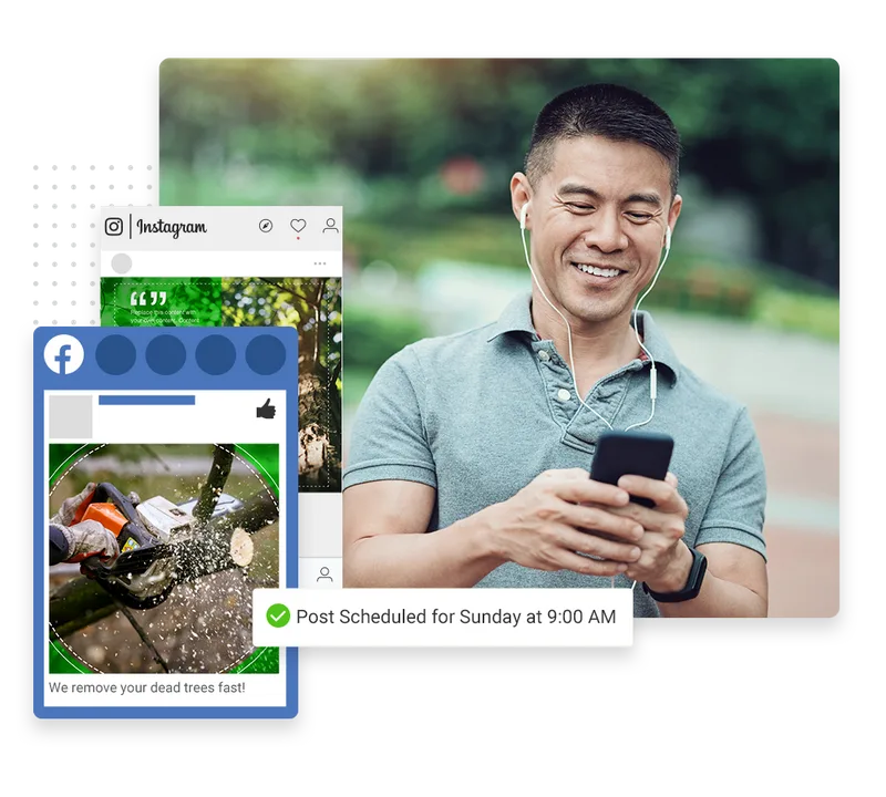 Tree service social media management example showing scheduled Facebook and Instagram posts of a crew removing a tree