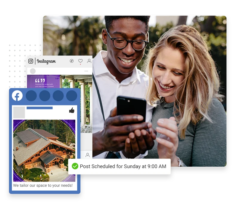 Event venue social media management example showing scheduled Facebook and Instagram posts from a real event