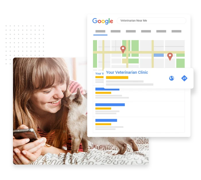 Veterinary SEO example showing a Google Maps search result for "Veterinarian Near Me" with a clinic's business listing