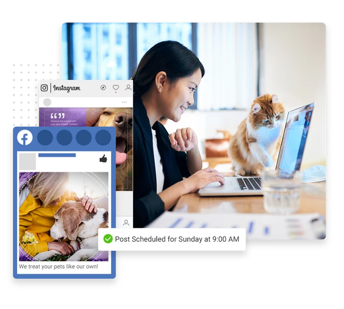 Veterinary social media management example showing scheduled Facebook and Instagram posts featuring patient pets